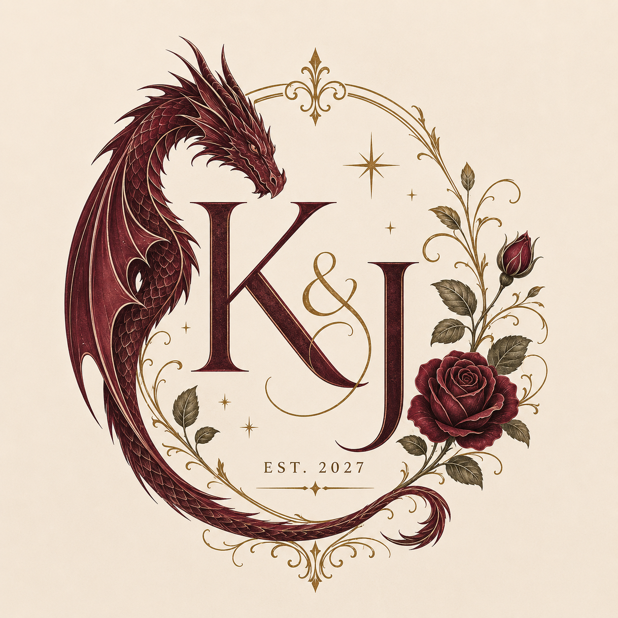 Kyra and Jim's wedding monogram: a red dragon coiled around a serif K & J with a dark red rose and gold scrollwork